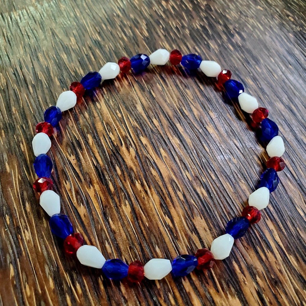 Elegant Red, Blue, and White Beaded Bracelet